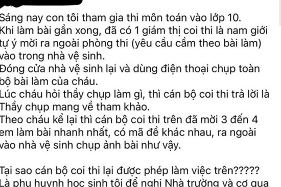 Công an xác minh việc giám thị vào nhà vệ sinh chụp ảnh bài thi lớp 10 của thí sinh