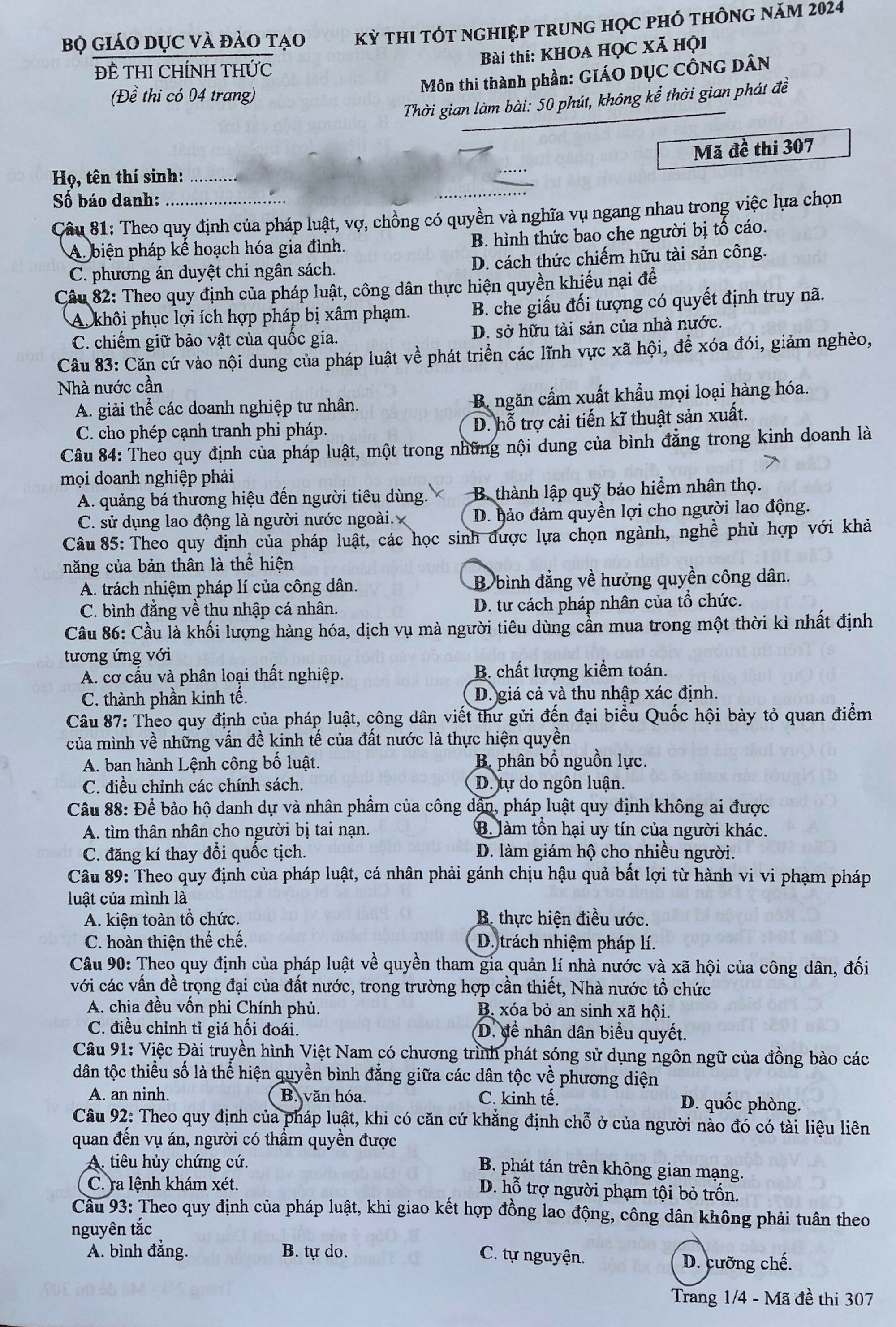 Đề Giáo dục công dân thi tốt nghiệp THPT 2024-1