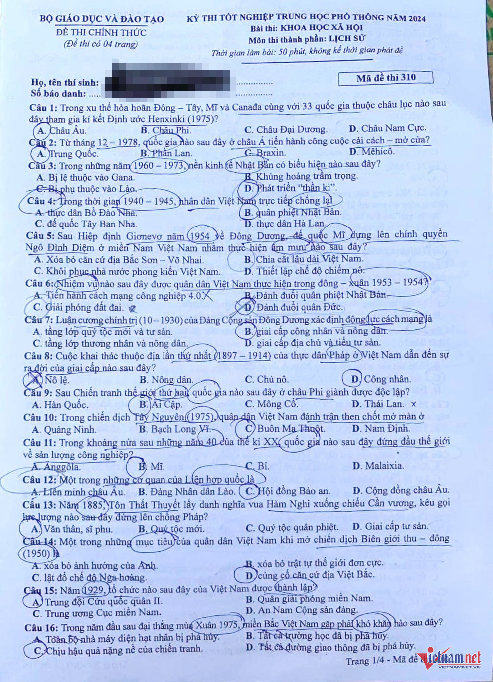 Đề thi môn Lịch sử tốt nghiệp THPT năm 2024-1