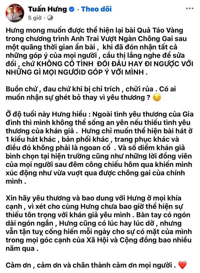 Tuấn Hưng trải lòng sau màn trình diễn tại show Anh Trai Vượt Ngàn Chông Gai: Đau khi bị chỉ trích, chửi rủa!-1