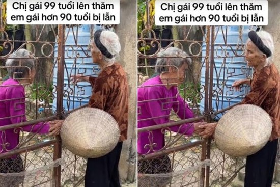 Cụ bà 99 tuổi đến thăm em gái 90, cuộc trò chuyện qua cánh cổng gây xúc động
