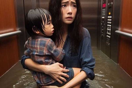 Mưa ngập tầng hầm, hai mẹ suýt chết đuối trong thang máy
