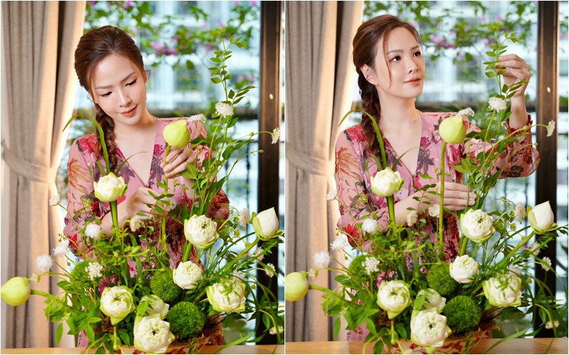 Đan Lê như tiên nữ khi cắm hoa sen-1