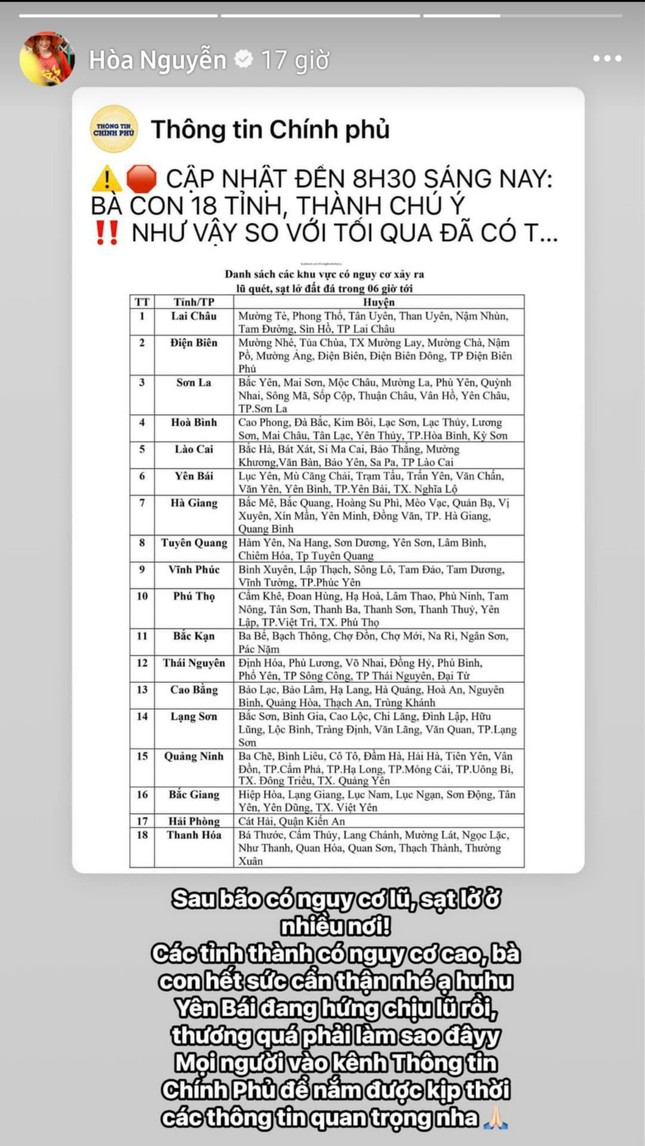 Hòa Minzy, Thùy Tiên hướng về người dân vùng bão lũ, Bình An cầu nguyện cho quê nhà-1