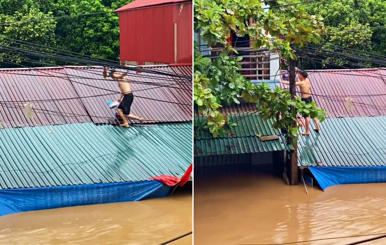 Thanh niên Yên Bái tháo vách, trèo mái nhà đưa thực phẩm cho hàng xóm chống lũ-2