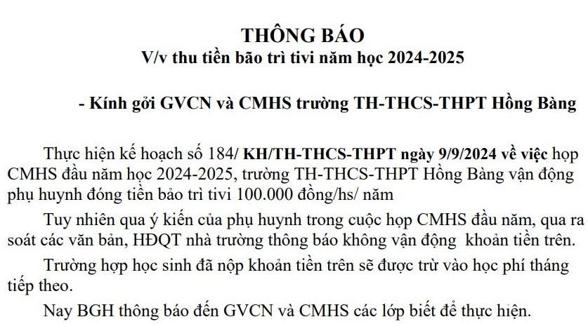 Diễn biến mới vụ phụ huynh bức xúc tiền bảo trì ti vi 100.000 đồng/học sinh-1