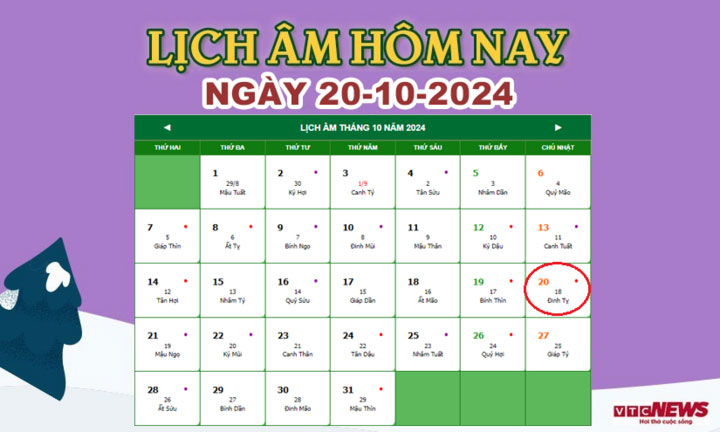 Lịch âm 20/10 - Âm lịch hôm nay 20/10 chính xác nhất - lịch vạn niên 20/10/2024-1