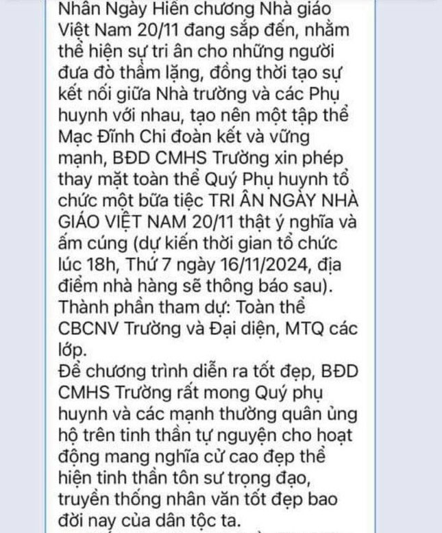 Phụ huynh vận động kinh phí tổ chức 20/11, hiệu trưởng ra thông báo khẩn-1