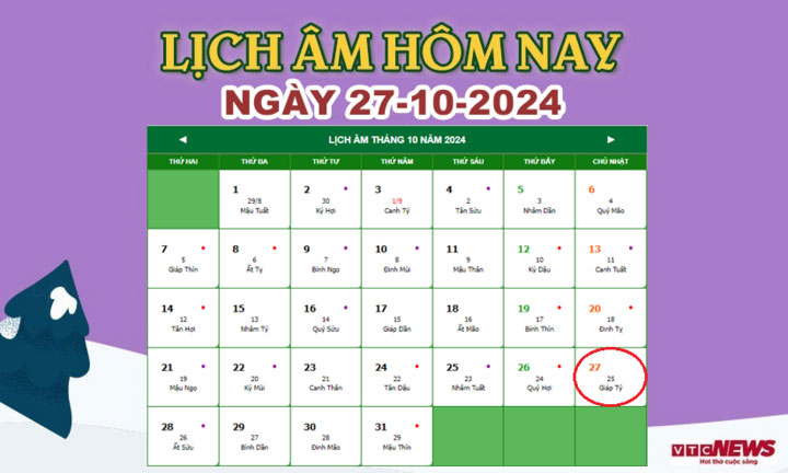 Lịch âm 27/10 - Âm lịch hôm nay 27/10 chính xác nhất - lịch vạn niên 27/10/2024-1