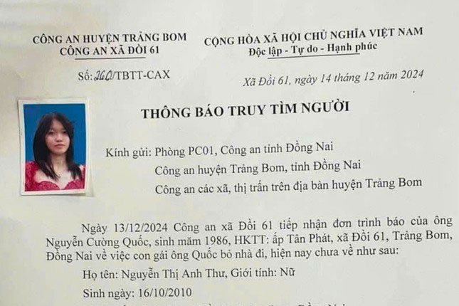 Truy tìm nữ sinh 14 tuổi ở Đồng Nai mất liên lạc với gia đình-1