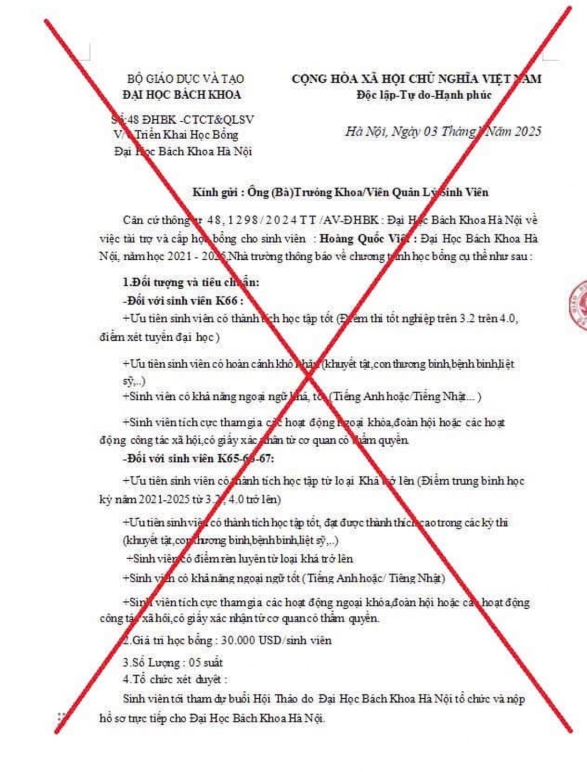 Giả mạo con dấu và chữ ký lãnh đạo Bộ GD&ĐT lừa đảo học bổng Đại học Bách khoa-1