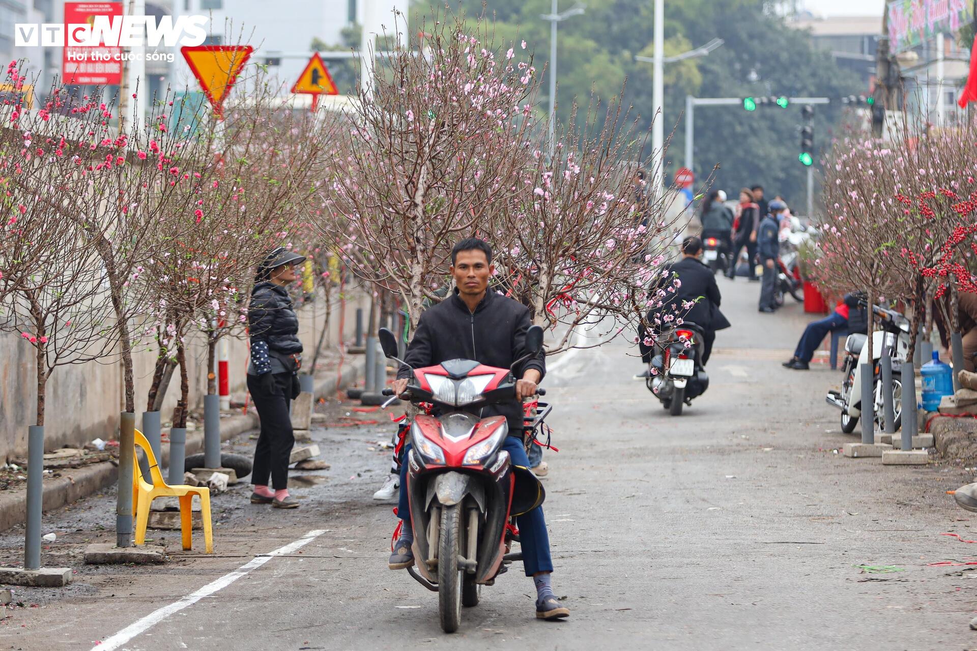 Người dân nô nức sắm Tết, sắc đào nhuộm thắm chợ hoa Hà Nội-13