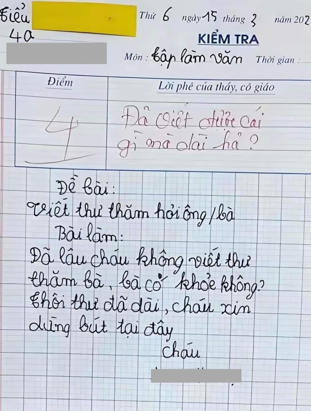 Bài tập làm có pha bẻ lái” bị chấm dưới điểm trung bình, cô giáo không kìm được phải phê thêm 8 chữ-1