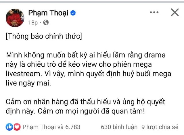 Phạm Thoại tuyên bố hủy phiên Mega Live bán hàng ngày 28-2-2